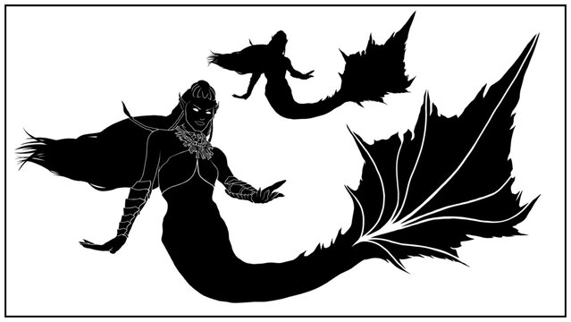 Sea fantasy creature in full growth, a dark mermaid with long hair and big fins. The mysterious siren with outstretched hand and large fish tail, isolated silhouette character without background.