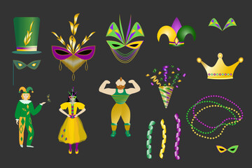 Set of Mardi Gras carnival design elements Collection Mardi Gras mask with feathers, beads, Harlequin, Columbine. Serpentines and firework Isolated vector illustration on dark grey background.