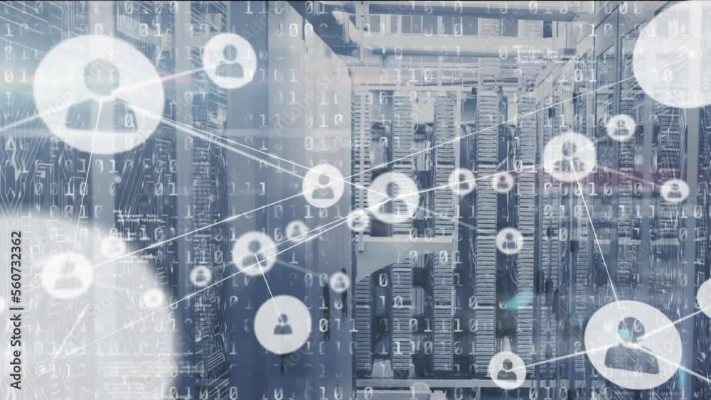 Poster animation of network of connections with icons over server room and data processing
