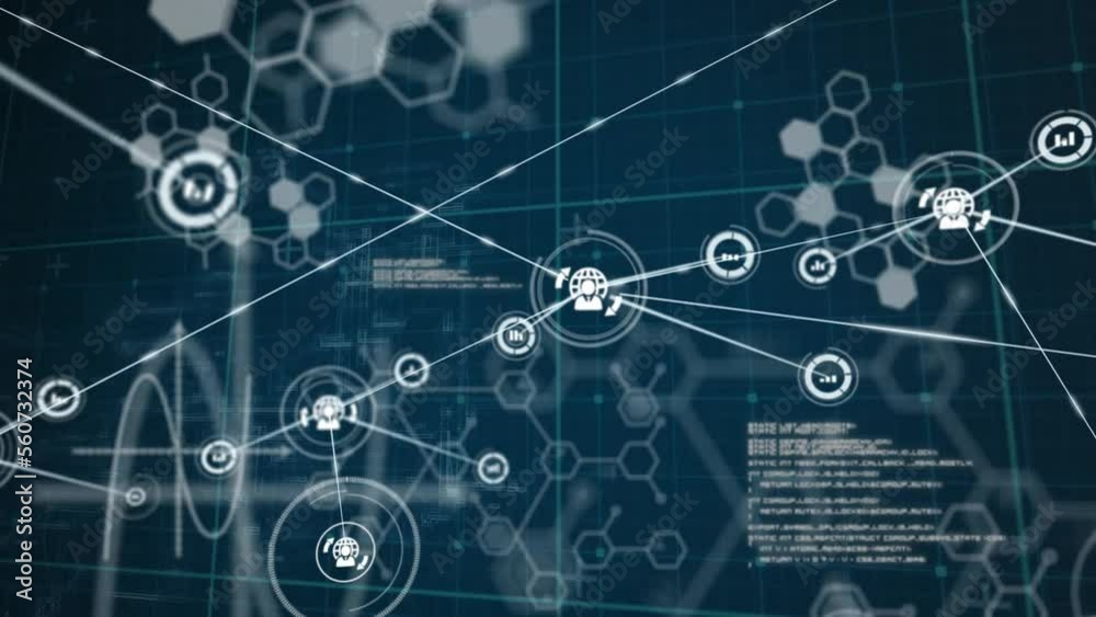 Poster animation of network of connections with icons over data processing