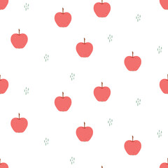 Seamless vector pattern with cute hand drawn red apples. Fun design. Summer fruity background for kids room decor, nursery art, packaging, apparel, gift, wrapping paper, textile, fabric, wallpaper.