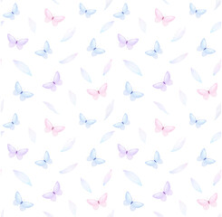 Watercolor minimalistic seamless pattern of tender blue and pink butterflies with delicate leathes isolated