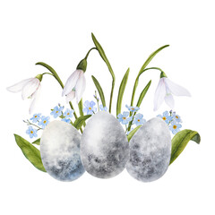 Watercolor easter illustration of eggs, forget-me-nots and snowdrops isolated on white background