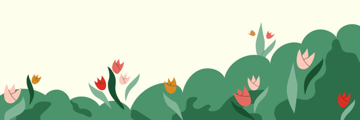 Nature background with wild tulip flowers, grass. Cute garden horizontal banner. Decorative spring meadow blloms border. Cartoon flat vector illustration