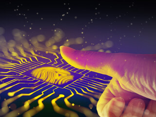 A finger is about to scan or activate a golden glowing 3D fingerprint in the electronic circuit for...