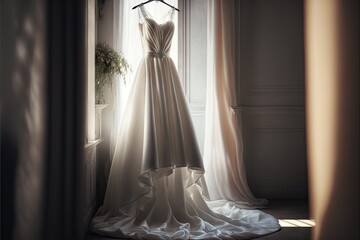 Elegant wedding dress , prom dress on hanger. Generative AI