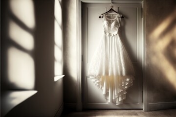 Elegant wedding dress , prom dress on hanger. Generative AI