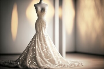 Elegant wedding dress , prom dress on hanger. Generative AI - 560733396