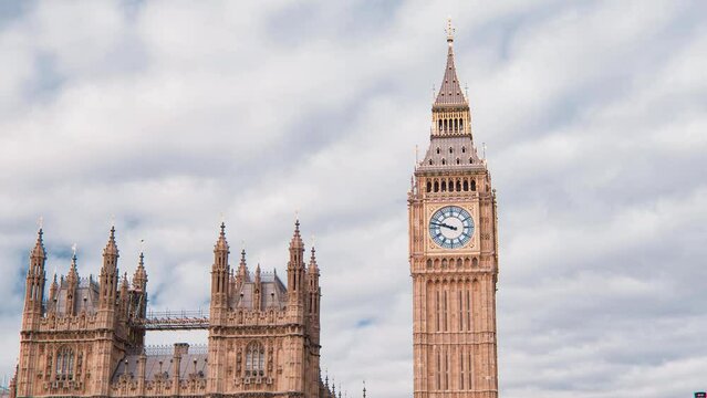 Cinematic Close up View of London Westminster Big Ben Clock and London Palace of Westminster Parliament United Kingdom on a beautiful sunny day
