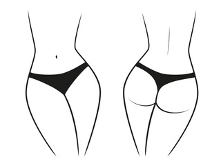 Silhouette of a female figure in thong panties - front and back view. Illustration on transparent background - obrazy, fototapety, plakaty