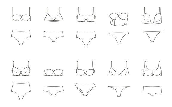 Types of women's panties  and bras. Underwear set. Illustration on transparent background