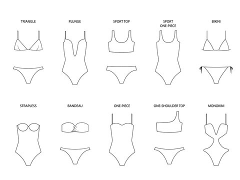 Types of women's swimwear - one-piece and separate. Illustration on transparent background