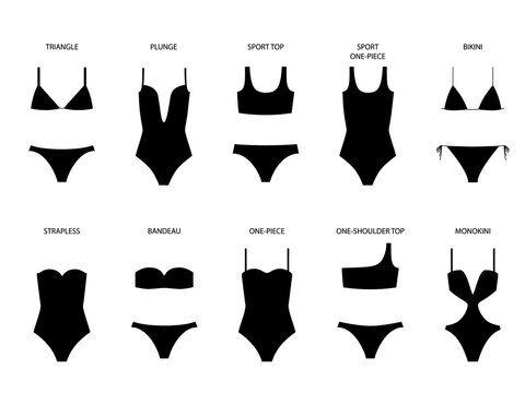 Types of women's swimwear - one-piece and separate. Illustration on transparent background