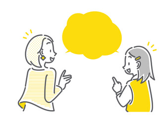 笑顔で注目する親子　お母さん　娘　シンプルでお洒落な線画イラスト