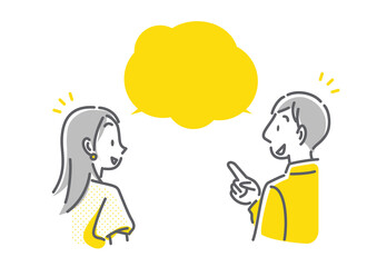 笑顔で注目する若いカップル　シンプルでお洒落な線画イラスト