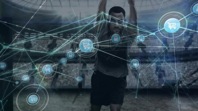 Animation of network of connections and data processing over rugby player