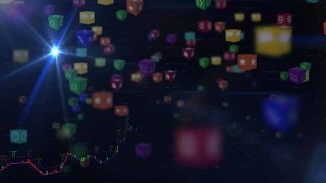 Animation of blue light spot and multiple digital icons floating against black background