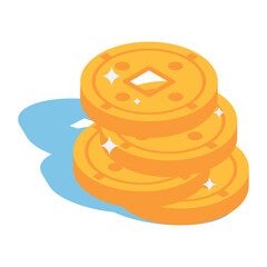 Ancient Cash Coins isometric Concept, Square Hole Currency stack Vector Color Icon Design, Traditional Chinese Culture Symbol, New Year of the Ox 2023 Sign, China Travel Guide Stock illustration
