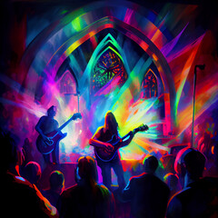 Artist with guitar playing rock concert. Generative AI.