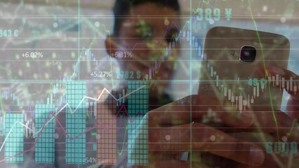 Animation of statistical and financial data processing over biracial man using smartphone - Powered by Adobe