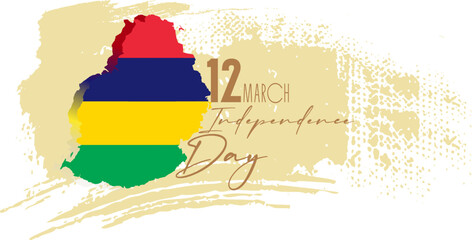 mauritius independence day 12 march map, happy independence day of mauritus banner layout design with text and national flag in shape of brush stroke
