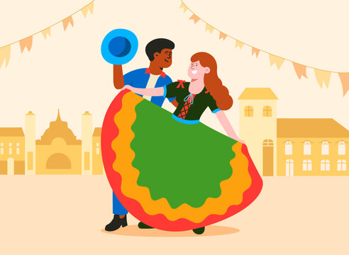Casal de brasileiros dançando quadrilha em uma festa junina. Arte Vetorial.