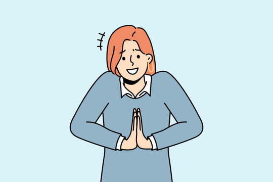 Smiling young woman hold hands in prayer asking for favor. Millennial female beg someone kindness or service. Vector illustration. 