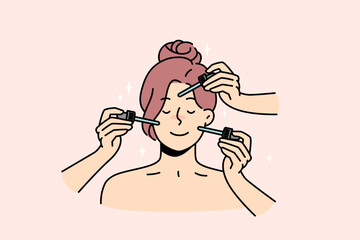 Happy young woman get skin treatment in salon. Smiling female feel relaxed receive beauty skincare facial procedures in spa. Beautician and cosmetology. Vector illustration. 