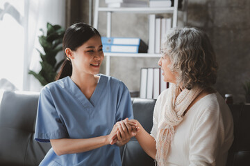 Doctors are talking to explain medication and health care to elderly patients, elderly people with...
