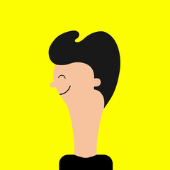 Man face profile. Guy face head. Cute cartoon funny character. Successful businessman. Smiling happy emotion. Black hair. Curl hairstyle. Rectangle shape. Avatar. Flat design. Yellow background.