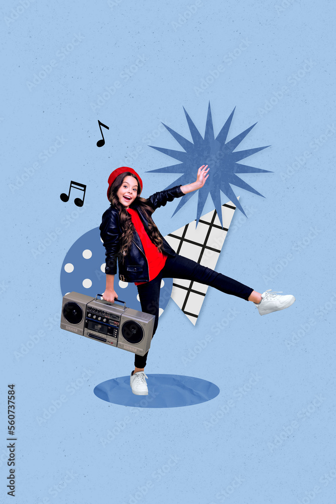 Wall mural vertical collage image of excited cheerful little girl hold boombox dancing listen music isolated on