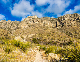 Fototapeta na wymiar Large Boulders and Rugged Mountains Along The Smith Spring Trail Near The Historic Frijole Ranch, Guadalupe National Park, Texas, USA