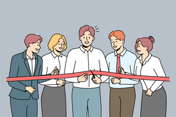 Excited business team cut ribbon open office or enterprise together. Smiling businesspeople at new workplace opening. Successful start. Vector illustration. 