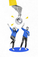 Vertical collage picture of two small excited people dancing arm fingers black white gamma hold...