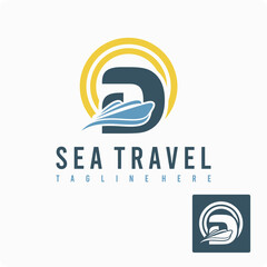 Fototapeta na wymiar Initial D Letter with Ship Marine, Wave and Sun Icon for Travel Holiday Agency Business Logo Idea Template
