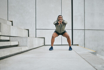 Fitness, exercise or man stretching body in training, exercise or workout with focus, resilience or commitment. Warm up, mindset or healthy sports athlete with goals or motivation on city stairs