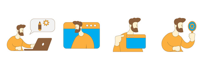 4 App development, IT concepts (App design, testing, debugging, QA, Programming) clean flat vector illustration. isolated jpeg image on white background. Version 1.