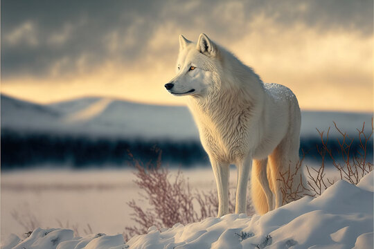Majestic portrait photo illustration of a white wolf in winter setting created with Generative AI technology