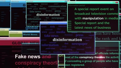 Fake news propaganda conspiracy theories disinformation manipulation pop up window on computer screen. Abstract concept of news titles across social media. Seamless and looped.