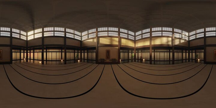 Traditional Japanese Karate Dojo. Empty, climatic 3D scene with animated day light. 3D rendered footage in 4k, 360, VR. Great footage to add some content in the middle of scene.