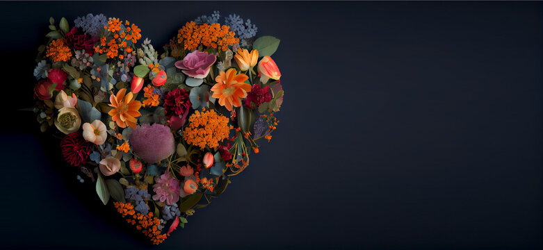 valentine day heart shaped flowers with copy space, & black background, generative ai