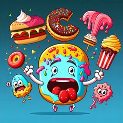 Set of funny characters of delicious and yummy fast food. Ice cream, donut, pizza, cheeseburger etc. Generative AI.