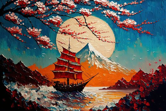 illustration of ancient frigate ship with sakura flowers blossom in spring time against sunlight
