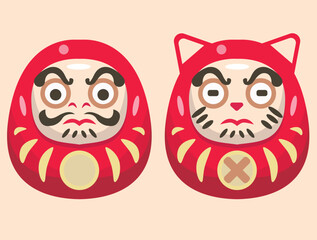 two cute daruma with 
a cat headband and glaring face
