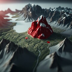 The world map with trekking and hiking route. Big mountain showed with red sign on the map. Concept for journey and expedition route. Generative AI.