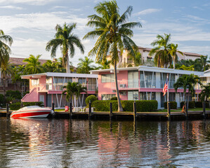 Small Boat and Pink Apartments on Las Olas Drive, Fort Lauderdale, Florida , USA
