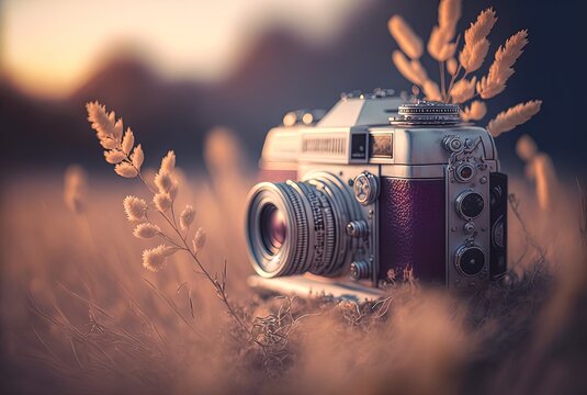 vintage camera on dry grass field with vintage tone color light blur background, Generative Ai
