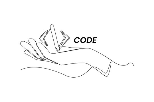 Single one line drawing hand holding programming code. Programming code concept. Continuous line draw design graphic vector illustration.