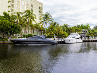 Pleasure boats Along The Riverwalk on The New River, Fort Lauderdale, Florida , USA