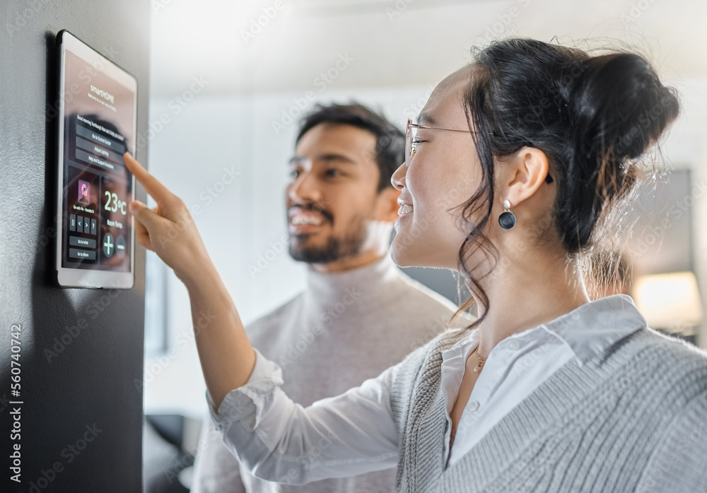Leinwandbilder smart home technology, wall system and couple with digital dashboard for air conditioning, safety se